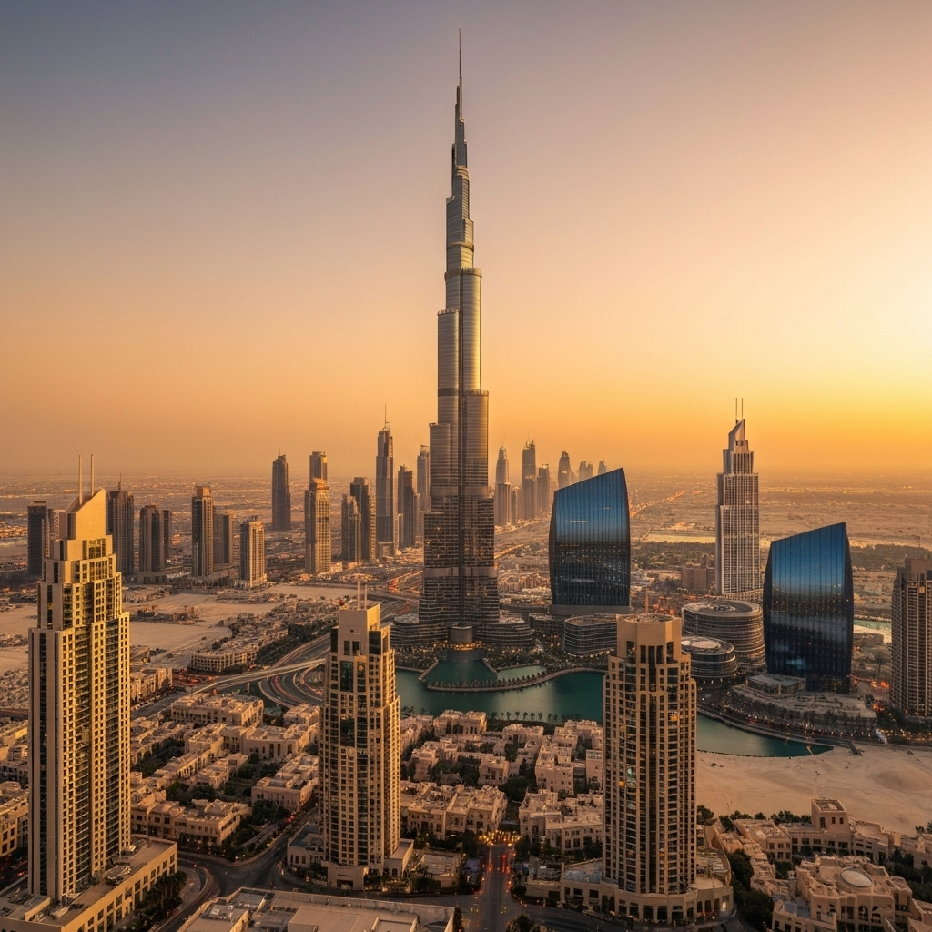 Dubai skyline at golden hour with Burj Khalifa